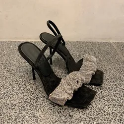 Sandali estivi donna strass tacchi alti scarpe donna eleganti scarpe da donna punta quadrata sandali Mujer Stiletto décolleté con cinturino