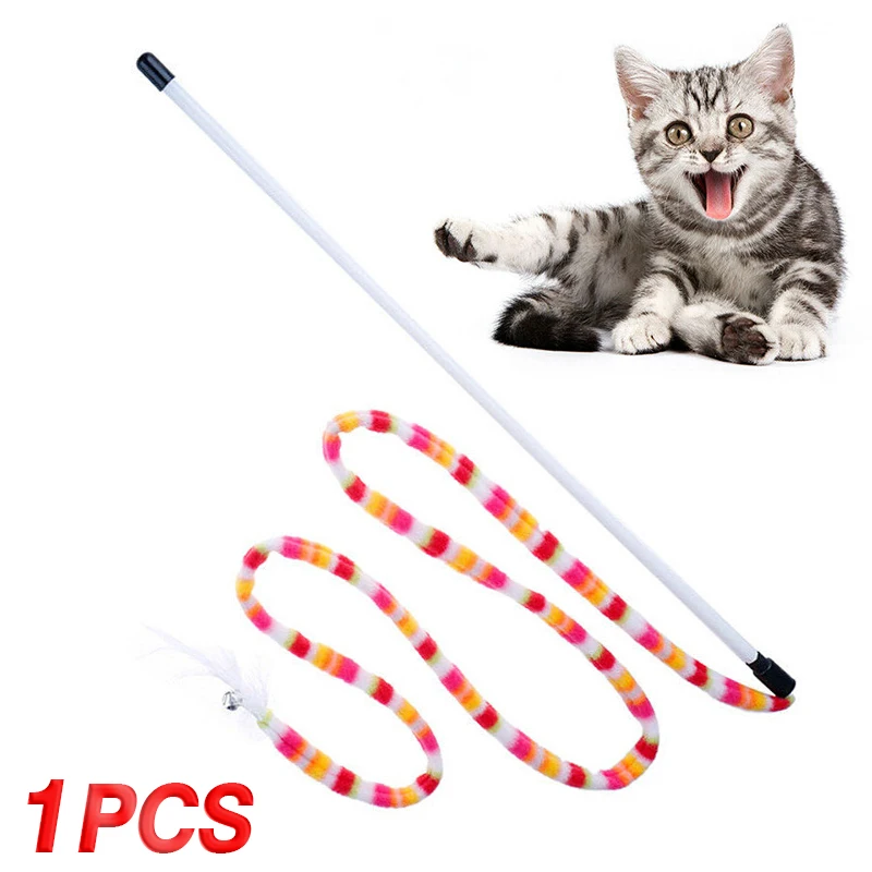 New Pet Cat Kitten Toy Rainbow Teaser Wand Feather Rod Cat Interactive Chaser Wand