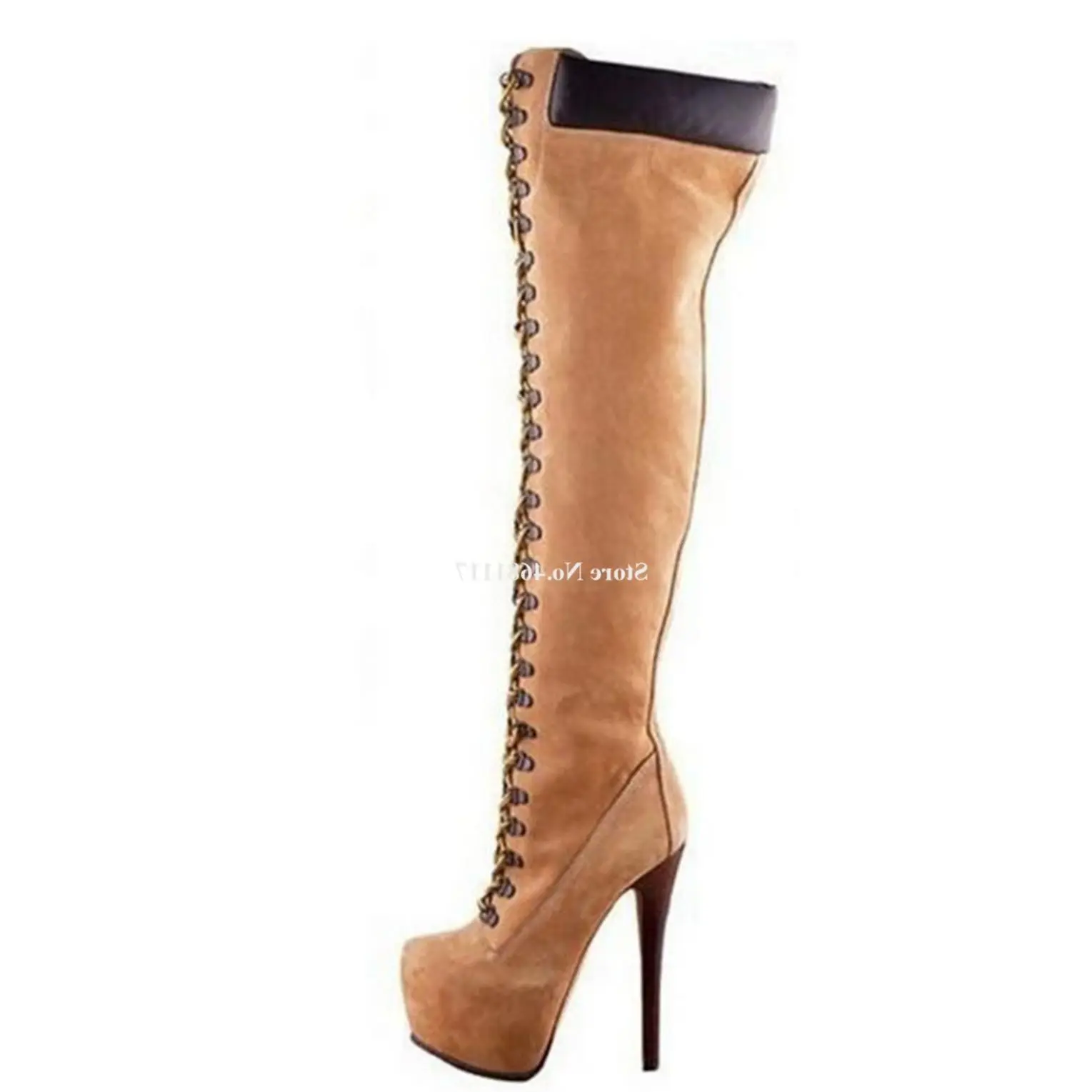 Platform Over The Knee Heeled Boots Front Lace Splicing Round Toe Thin Heel Thigh High Boots Motorcycle Boots Women Brand Design