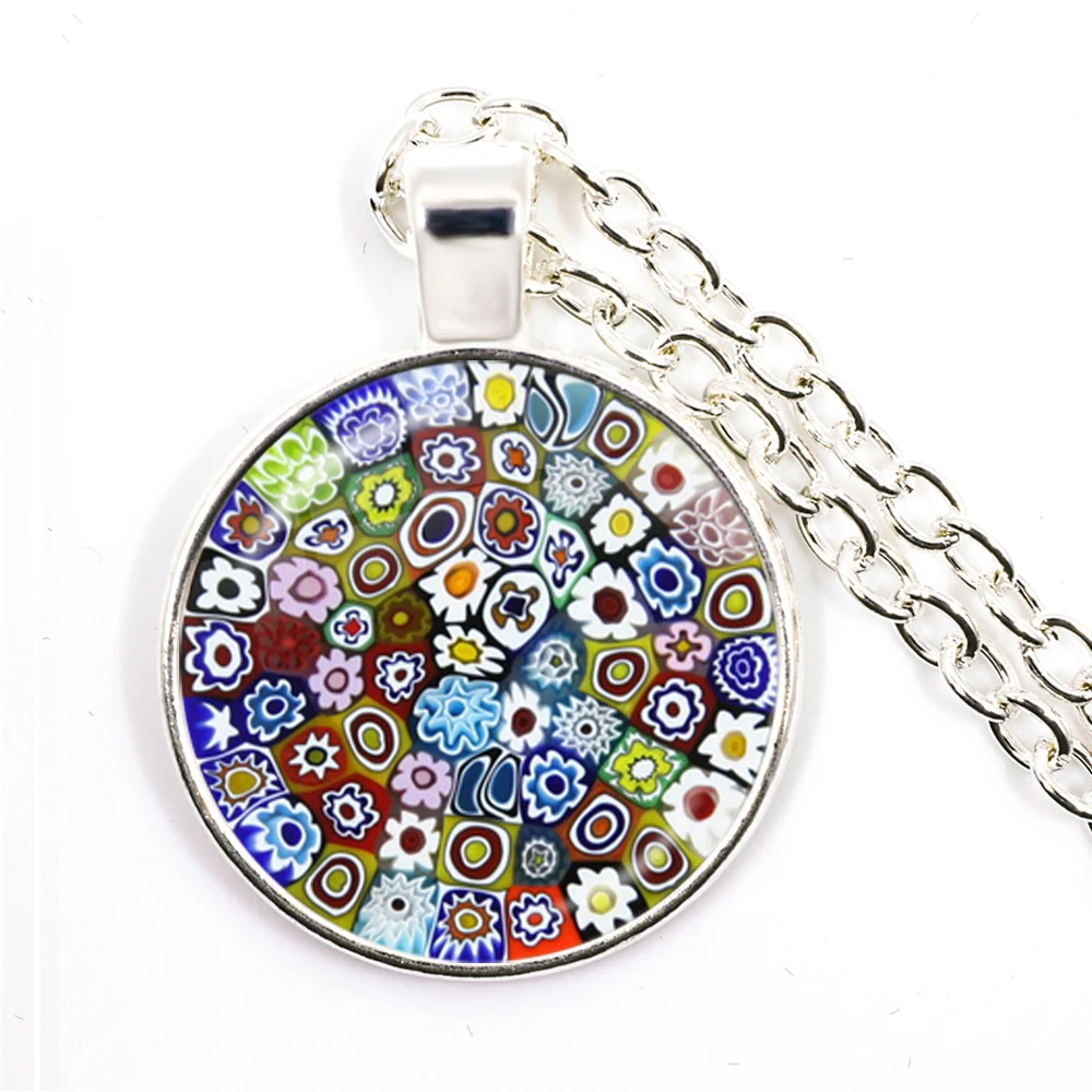 Murano Millefiori Pendant Necklace MultiColour Flower 25mm Glass Cabochon Necklace Jewelry For Women Men Gift Wholesale