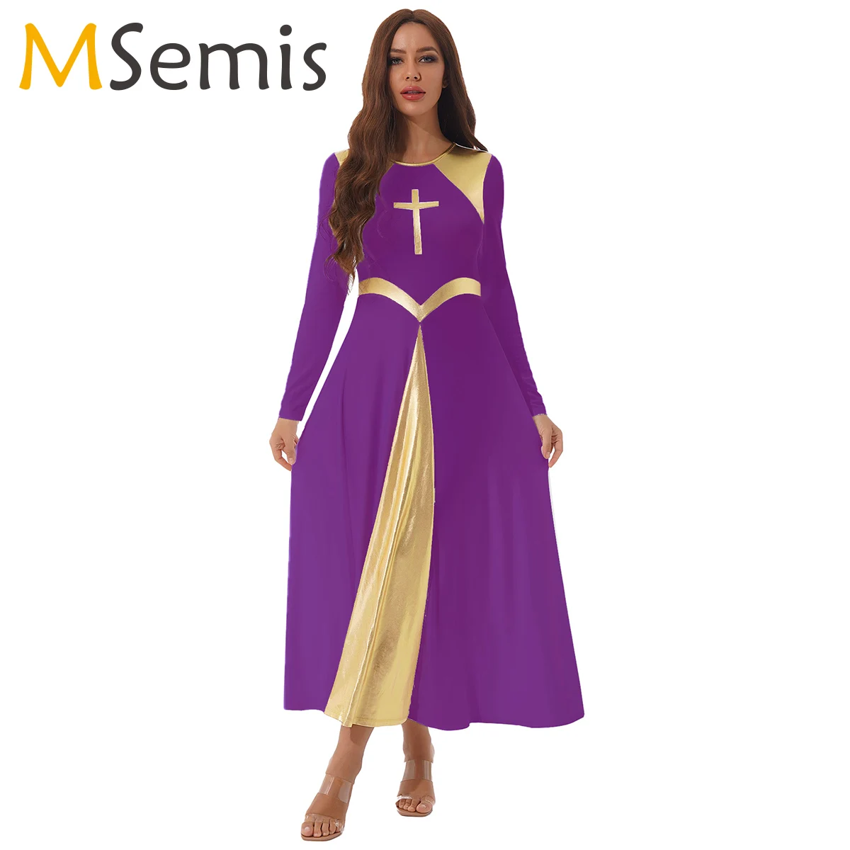 ผู้หญิง Metallic Cross Liturgical สรรเสริญชุดเต้นรำบัลเล่ต์ Lyrical Dancewear ความยาวเต็ม Maxi Robe บูชาเครื่องแต่งกาย Party Dresses