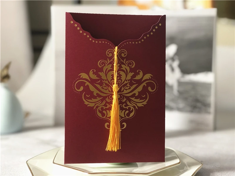 1pcs Burgundy and Gold Foil Embossing Laser Cut Vintage Invitations 2022 Party Invitations Maroon Invite Pocket Sleeve Holder