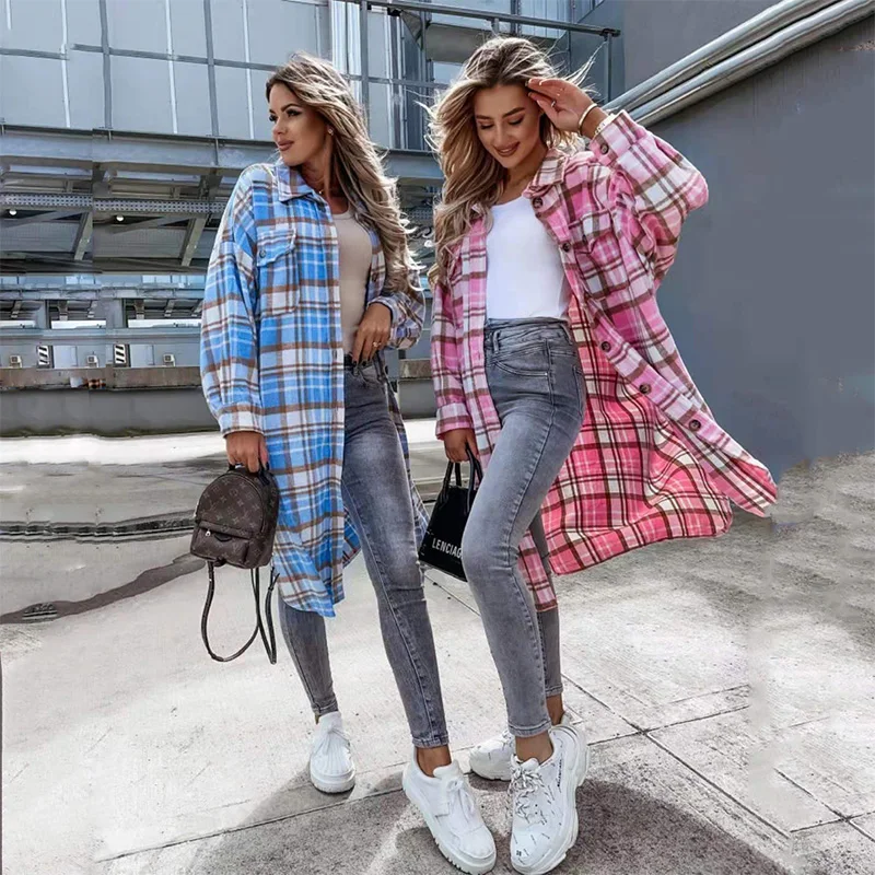 Autumn Plaid Jacket Women European American Overshirt Long Checkered Shirt Jacket Fashion Single-Breasted Plaid Shirt Cardigan