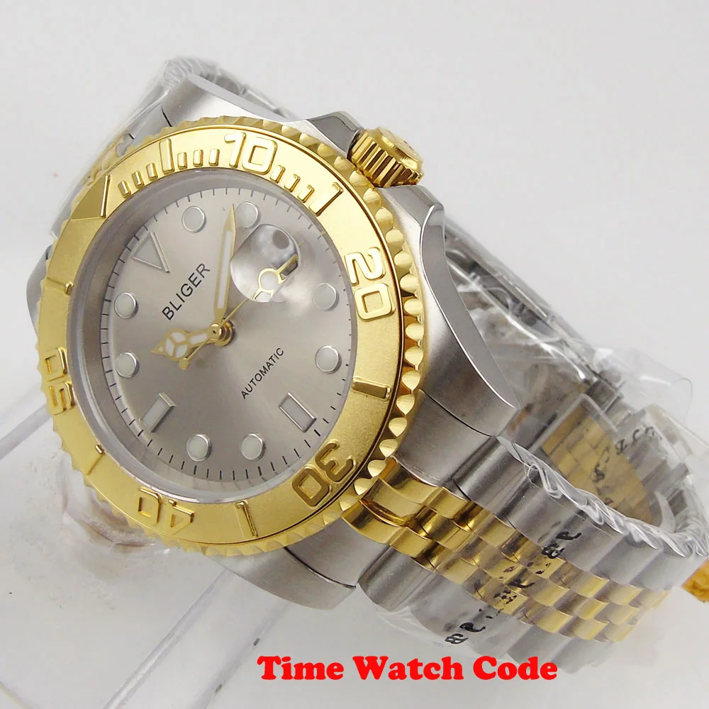 Golden 40mm Automatic Men's Wristwatch Miyota 8215 Date Display Gray Dial solid Bracelet Sapphire Glass Cyclops Two Tone