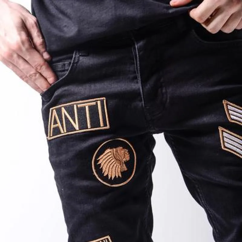 New Trend Fashion Mens Jeans Patch Embroidery Elastic Slim Men Pencil Pants Solid Color Patchwork Denim Pants Boyfriend Jeans