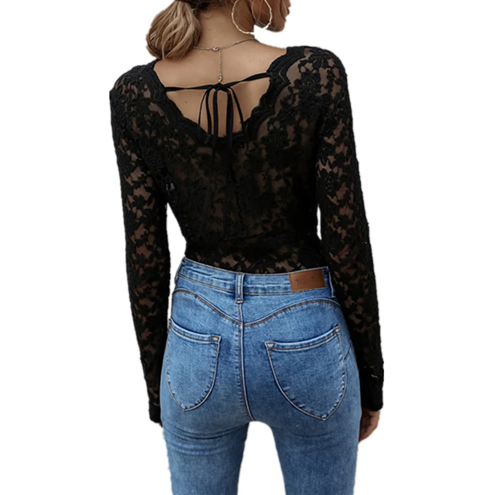 Ladies Casual Black Lace Hollow Out See-Through Top And Blouse Women Autumn Sexy V-Neck Long Sleeve Backless Tie Elegant Blouses