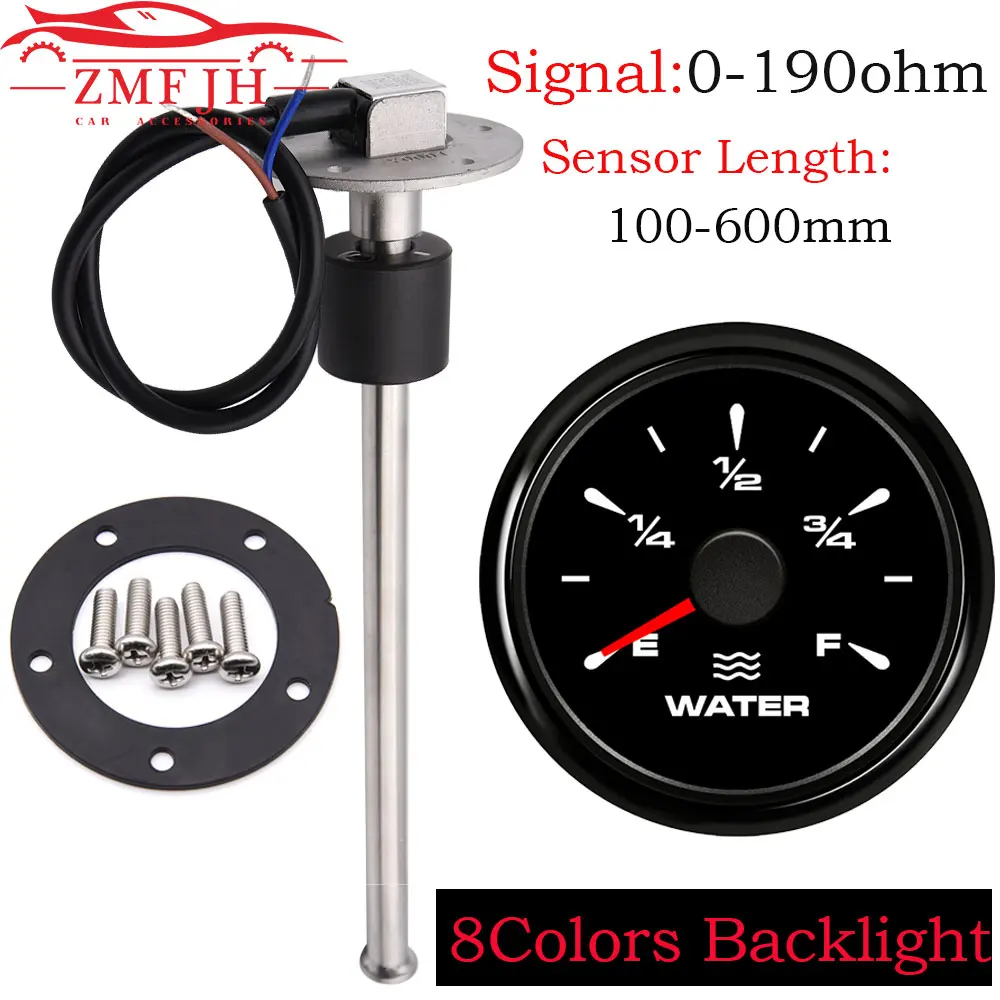 Hot Sale 52mm R ohm Water Level Gauge 200 250 300 350 450mm Water Level Sensors 0-190ohm for Car Boat Yacht 8 Colors Backlight