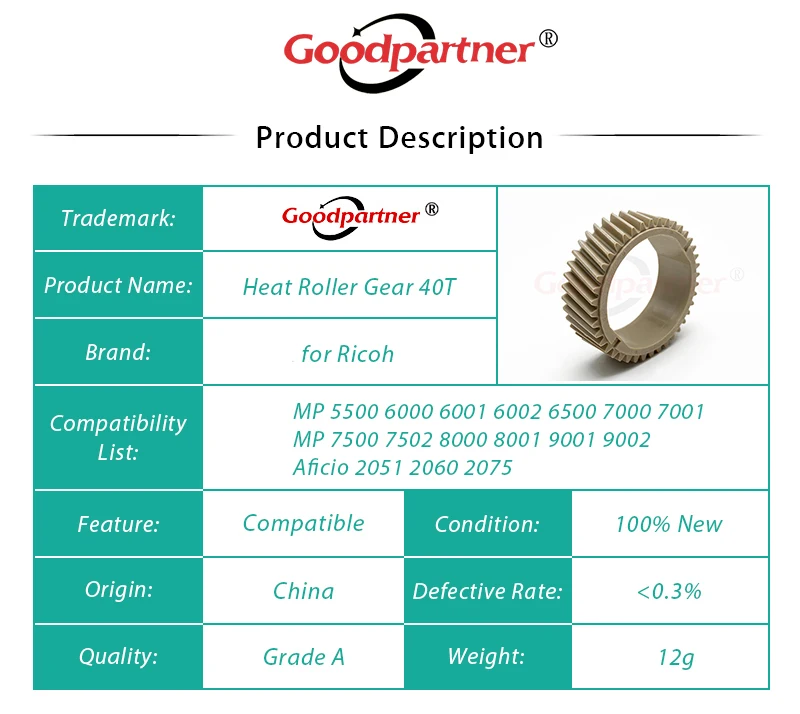 10X AB012062 B1404194 Fuser Upper Heat Roller Gear 40T for Ricoh Aficio 2051 2060 2075 MP 5500 6000 6001 6002 6500 7000 7500