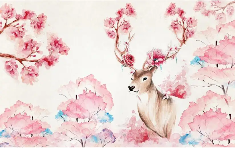 

Beibehang Custom wallpaper photo watercolor cherry tree deer garden home decor living room bedroom wall murals 3d wallpaper