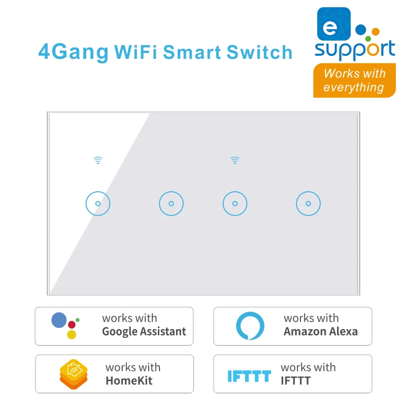 CBE 4/5/6 Gang Smart Wall Touch Switch EU Standard WiFi Switch Tuya EWelink 10A Voice Control for  Alexa, Google Home