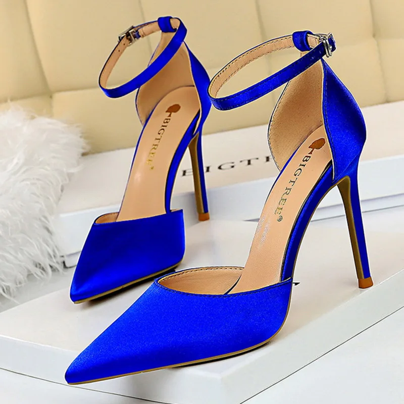 2023 Summer Elegant Women Silk Blue Green Heels Sandals 10cm Pencil High Heels Sandals Closed Toe Sandals Wedding Shoes Big Size