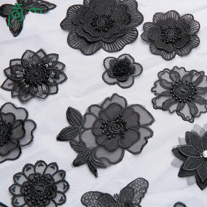 Thermo Black Lace Organza Flower Butterfly Embroidered Patches for Clohting Iron on Clothes Appliques Stripes Fabric Stickers