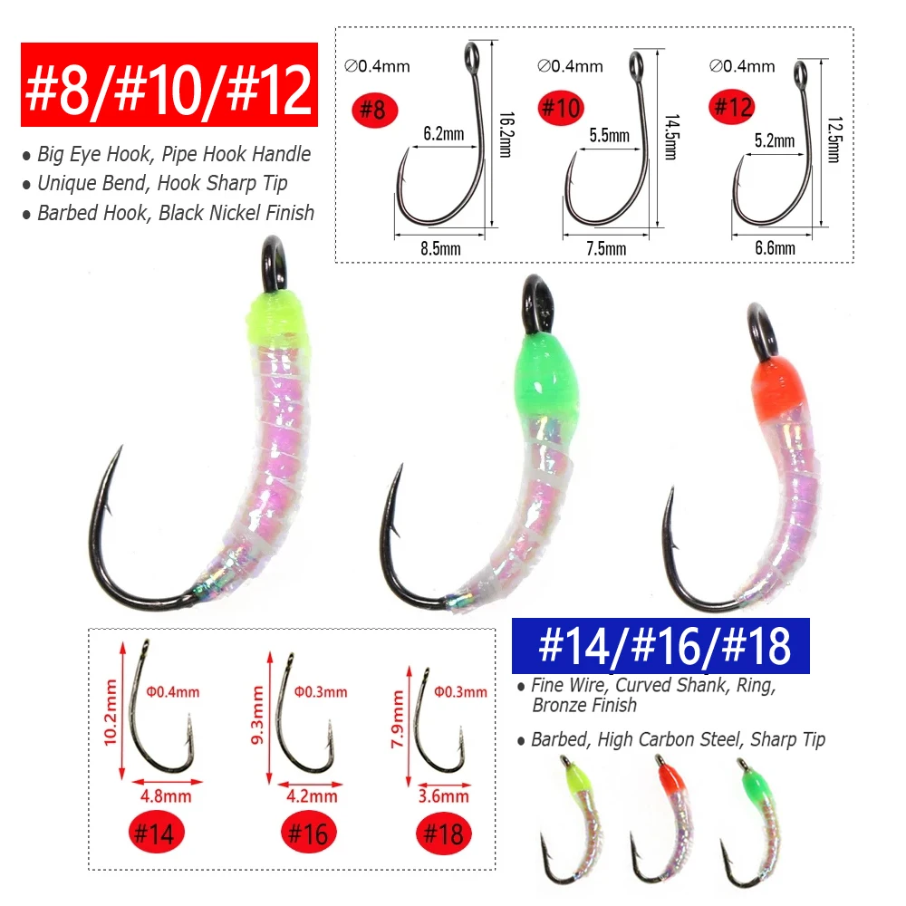 Bimoo 6PCS Size #8~ #18 Flash Gliss Body Nymph Fly Larvae Trout Fishing Flies Bait Lure with Big Eye Hook Artificial Bait Green