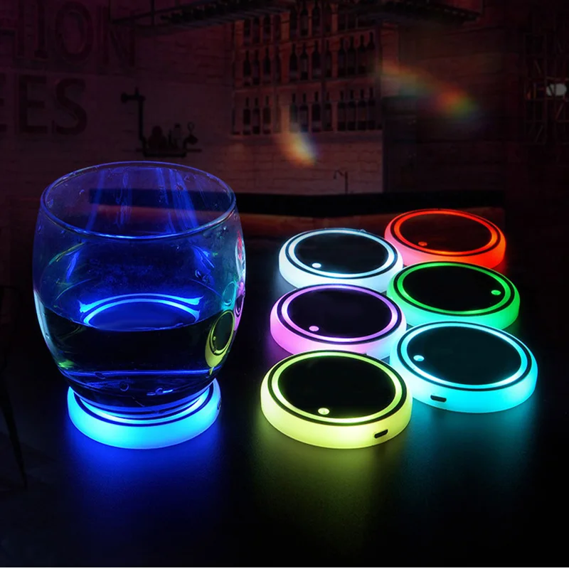 2 Pcs 7 Colors Car LED Cup Holder Light Mats Car Coasters Bottle Atmosphere Light Constellation Backlight LED Cup Holder Pads