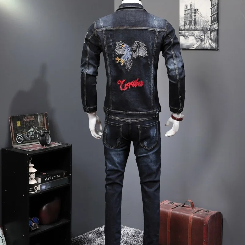 New Spring Fashion Men's 2 Piece Sets Vintage Embroidery Long Sleeve Slim Denim Jacket Coats And Jeans Pants Man Clothes