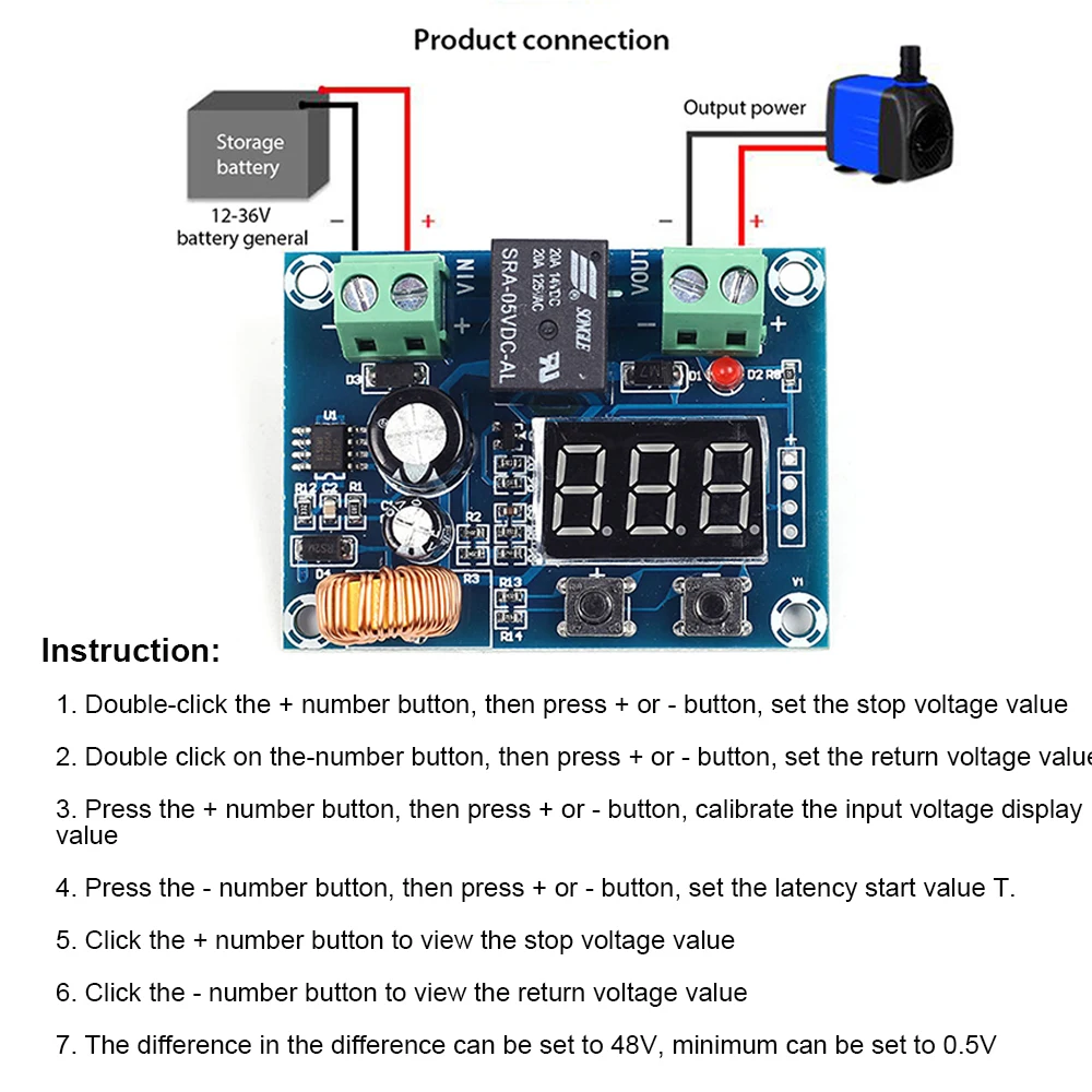 XH-M609 Low Voltage Disconnect Switch Cut Off 12.6V 13.8V 24V 36V LED Display Delay Over-Discharge Protect for 12-36V Lithium