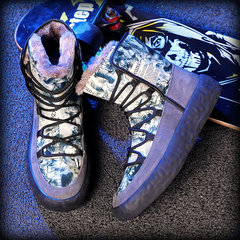 Botas de nieve cálidas para hombre, zapatos de algodón con suela gruesa, grafiti pintado a mano, personalidad europea y americana