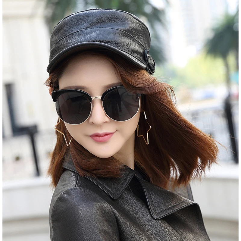 

New 2021 Black Real Leather Military Hats for Women Men Vintage Army Hat Cowhide Beret Cap Ladies Gentmen Autumn Winter Hat