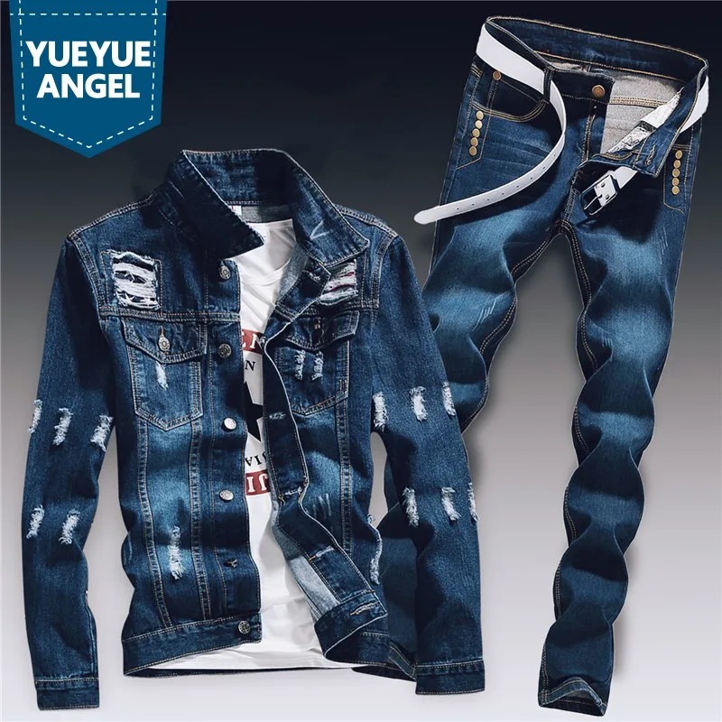 Conjunto de dos piezas de mezclilla para Hombre, chaqueta ajustada con agujeros, Ropa informal Vintage, traje Cargo, Ropa de calle, Primavera