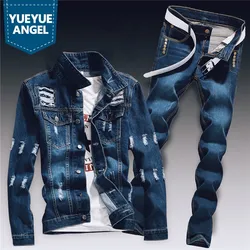 Primavera Mens Denim Due Pezzi Set Foro Strappato Slim Fit Giacca di Jeans Jeans Imposta Maschio Casual Vintage Ropa Hombre Cargo Vestito streetwear