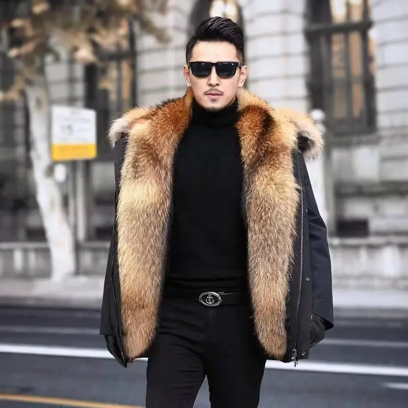 

Winter Jacket Men Clothing 2024 Fashion Faux Fur Lining Hooded Parka Solid Thick Coat Male Y122