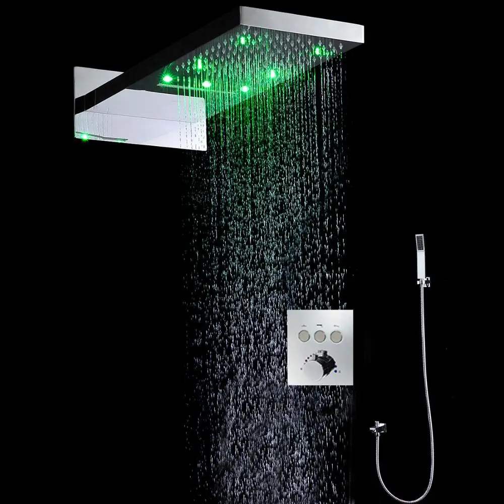 Bathroom Shower LED Rainfall Ducha Wall Mounted Watefall 22 Inches Shower Set Thermostatic Faucet