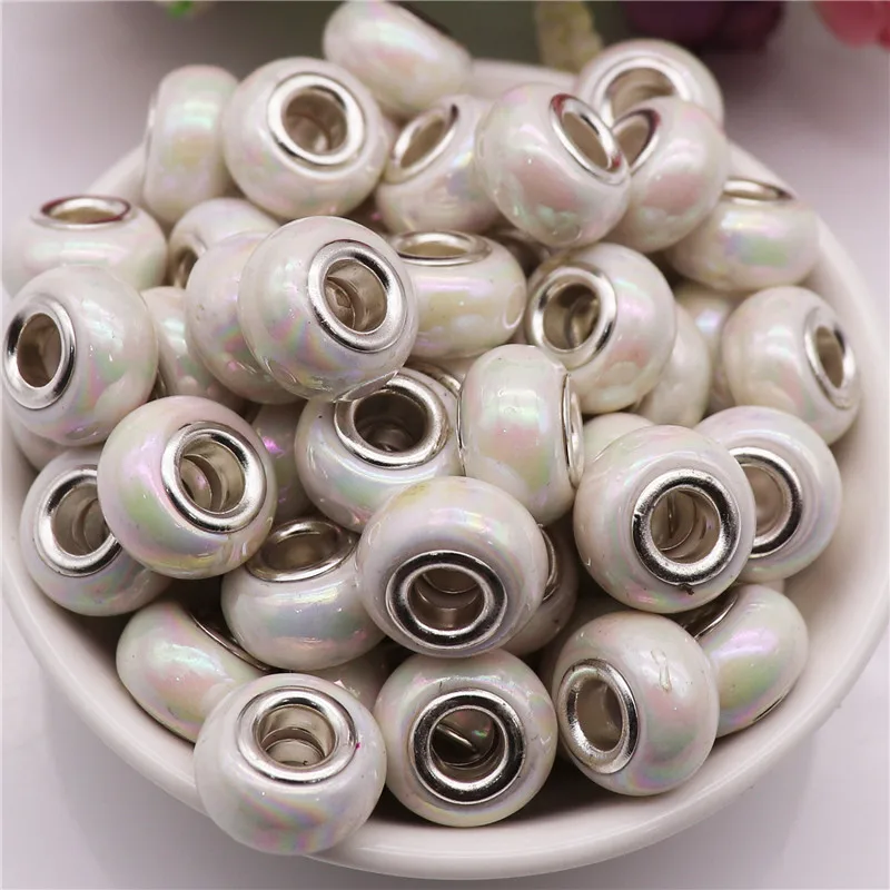 10Pcs/Lot AB Solid Color Large Hole Round Core Spacer European Beads Fit Pandora Bracelet Bangle for Women DIY Jewelry Making