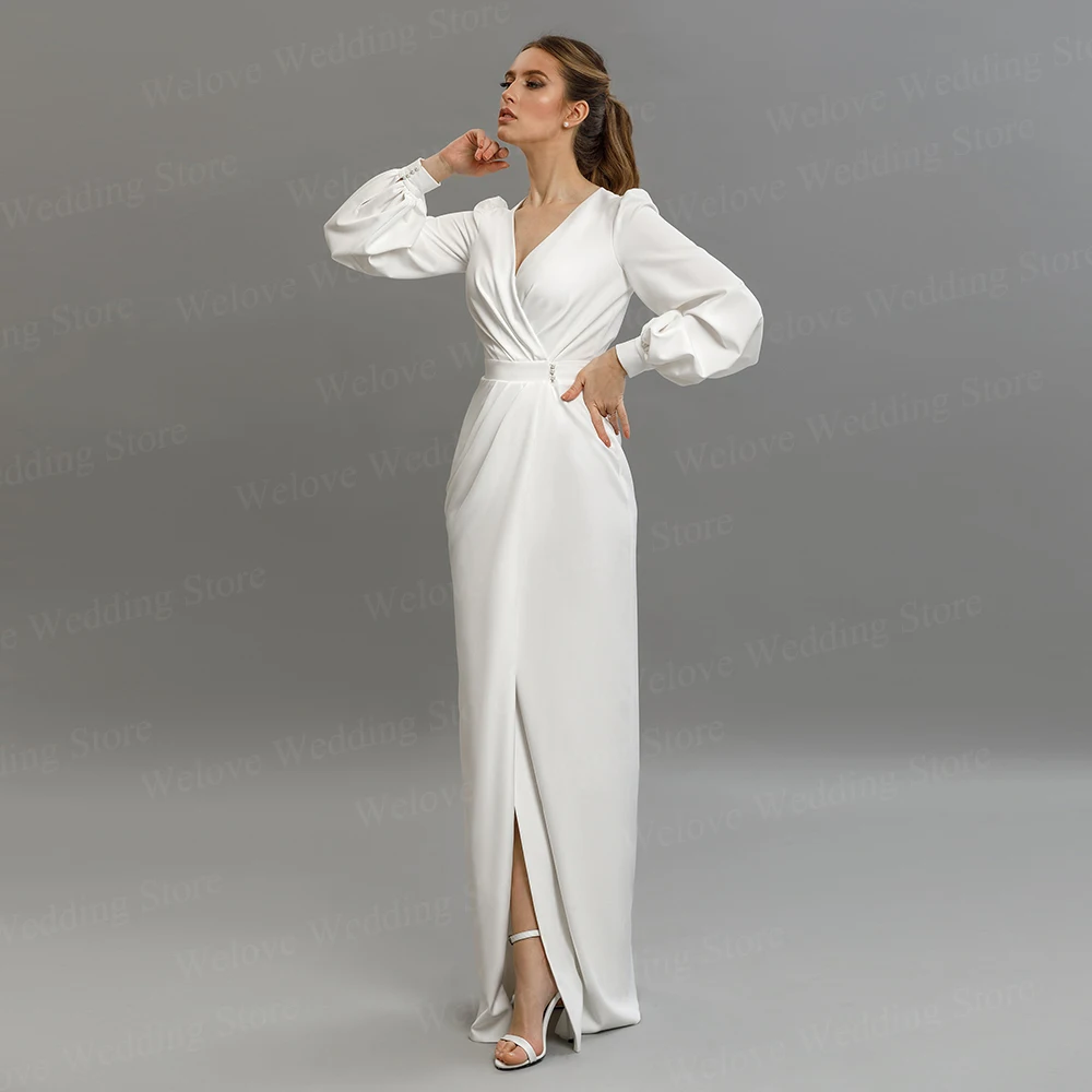 Robe De mariée Simple et Chic, fente civile, manches bouffantes, col en V, longueur au sol, sur mesure