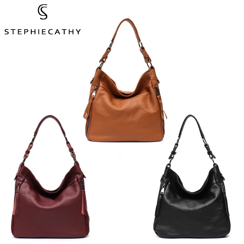 SC Large Soft Slouchy Leather Women Shoulder Bag Lady Cowhide Multi Pockets Casual Soft Hobo Female Messenger Real Skin Handbag