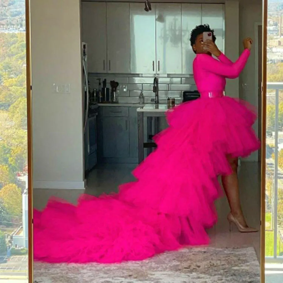 Chic Tulle Tutu High Low Skirt with Long Train Tiered Puffy Long Women Skirts to Prom Party Gown Hot Pink Evening Skirt