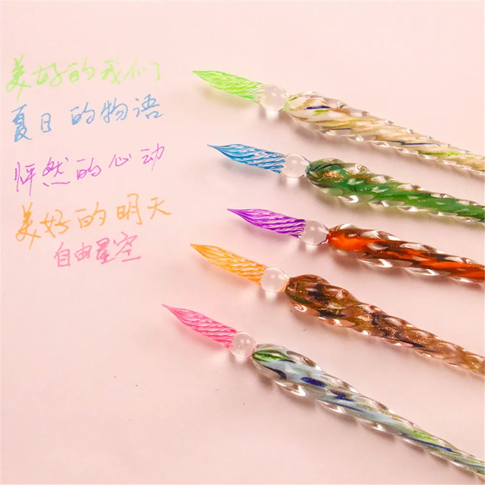 1 Set Handmade 3D Flower Glass Dip Pen With Storage Case Lampwork Crystal Pen Filling Ink Fountain Pens Calligraphy Painting Pen