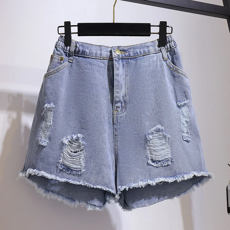 Short en jean à jambes larges pour femme, bleu, coton, poches, trous, Denim, grande taille, 4XL, 5XL, 6XL, 7XL, nouvelle collection été 2021