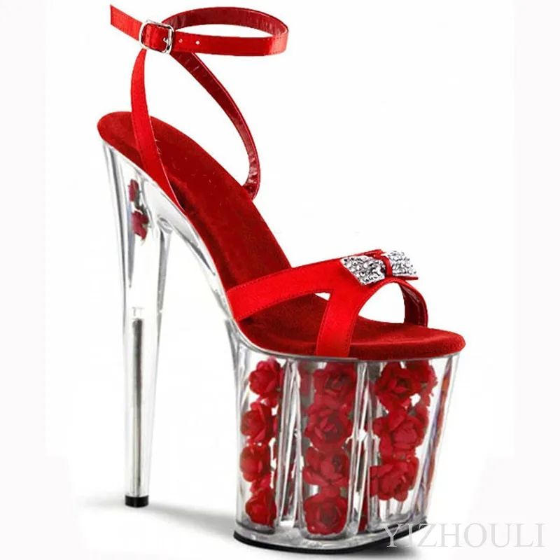 8 inch summer peep-toe heels, 20 cm rhinestone bow crystal rose deck, wedding party sandals