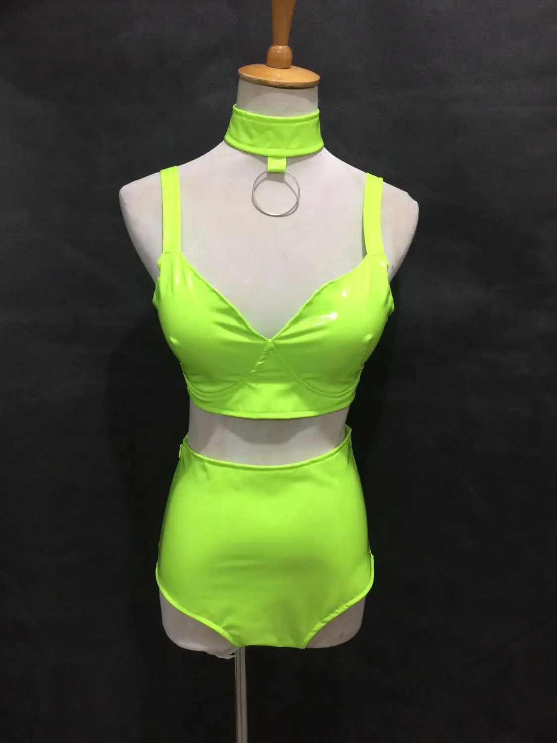 Female DJ Jazz Modern Dance Costume PU Leather Fluorescent Green Bikini Set Nightclub Bar Singer Dancer Team Sexy Stage Wear