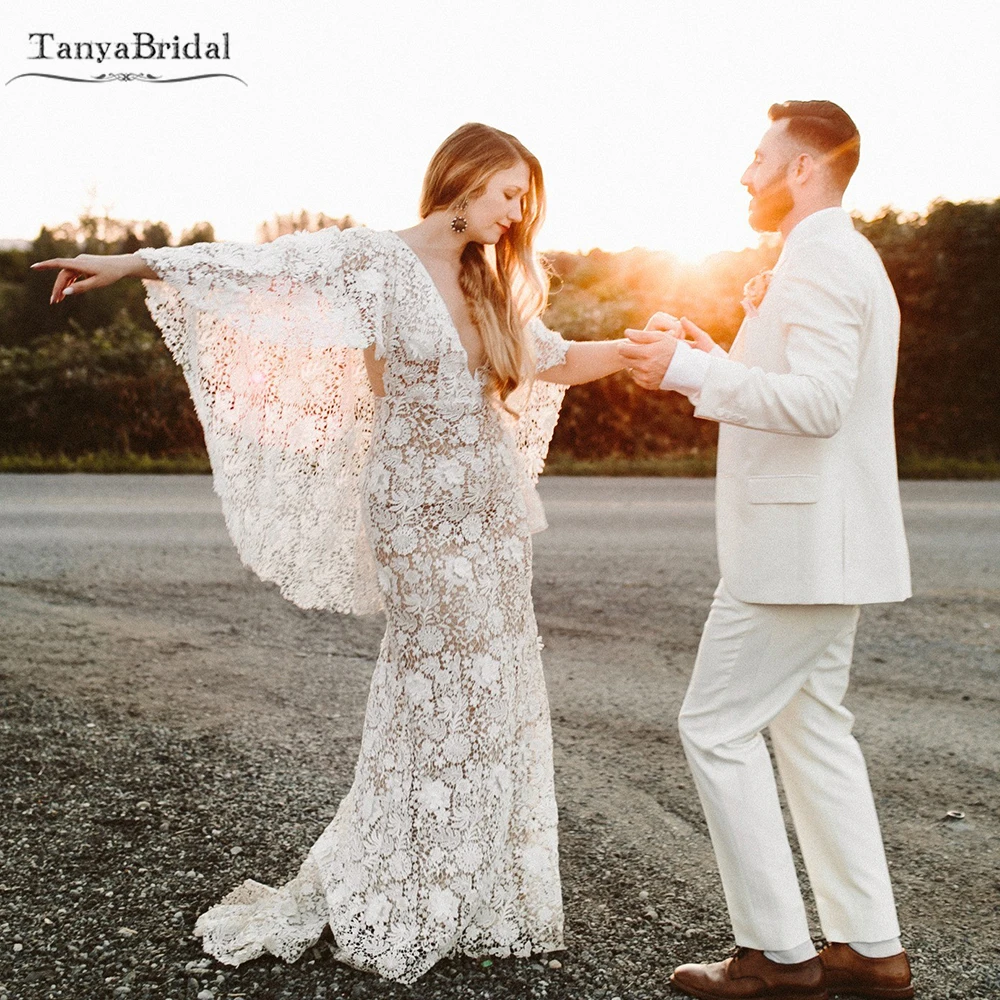 الدانتيل حورية البحر فساتين الزفاف العميق الخامس الرقبة فساتين زفاف أنيقة انفصال كيب الشمبانيا بطانة Noivas DW446