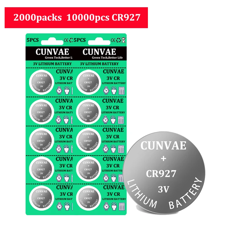 10000pcs CUNVAE 3V CR927 Lithium Button Battery DL927 BR927 BR927-1W CR927-1W ECR927 For Calculator Toys Computers Batteries