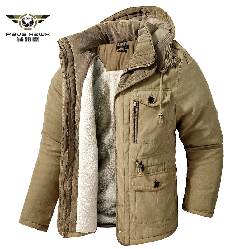 

Men's Thick Winter Jacket Cotton Padded Parka Fleece Liner Outwear Coats Hooded Male Warm Multi-Pocket Windproof Overcoat