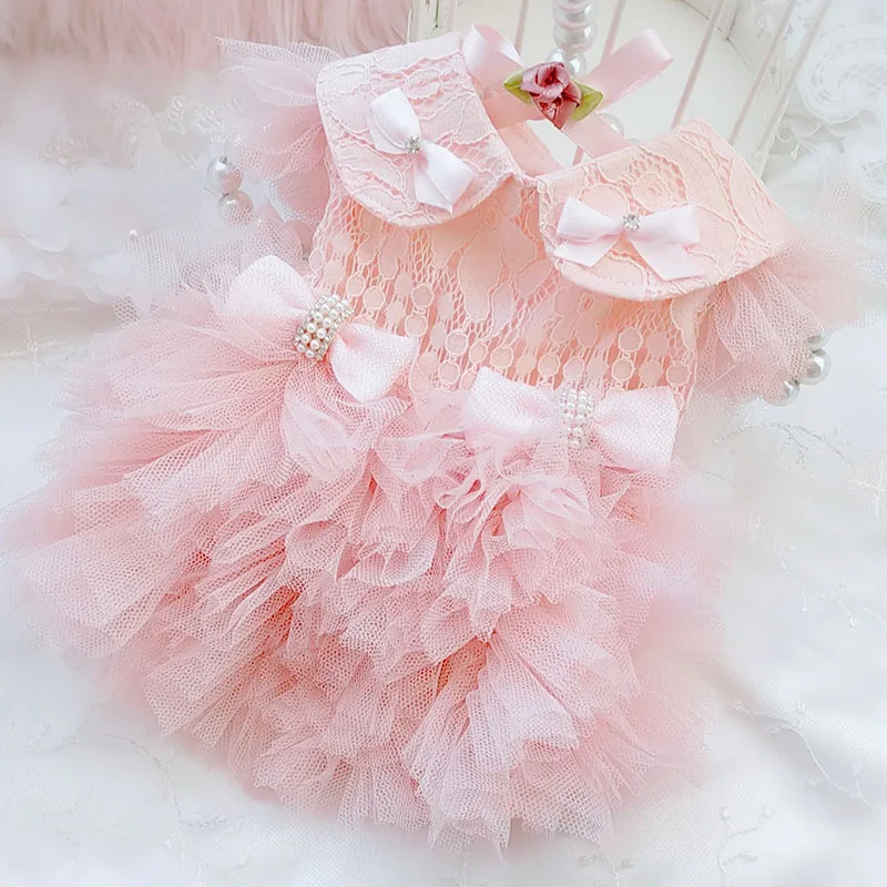 

High-end Handmade Luxury Dog Clothes Pet Supplies Dress Pink Lace Ribbon Bow Peter Pan Collar Princess One Piece Tutu Holiday