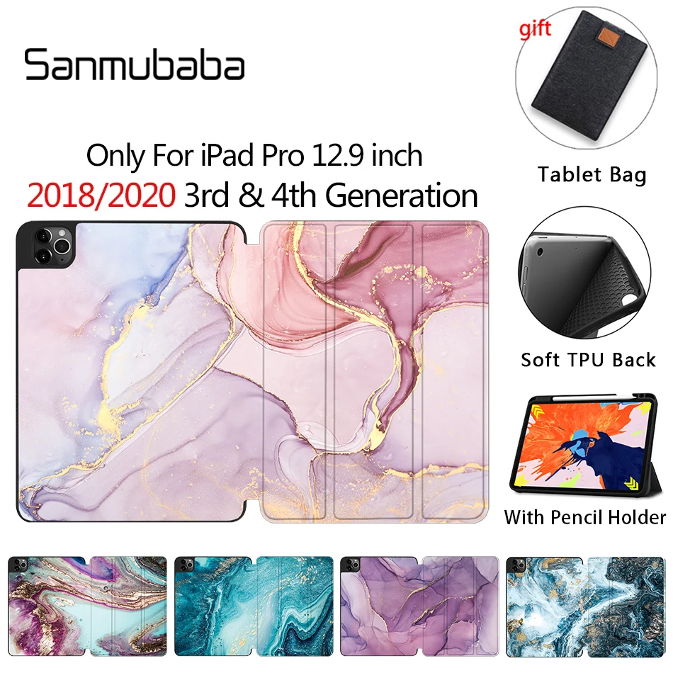 

Sanmubaba Marble Case For iPad Pro 12.9 3rd 4th Gen With Pencil Holder 2018 2020 Soft TPU Back+PU Leather Flip Stand Cover Funda