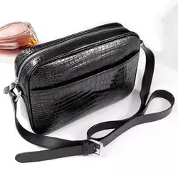 Bolsa de couro de crocodilo masculina, bolsa tamanho pequeno de ombro cruzado de pele de barriga crocodilo para homens, 100%