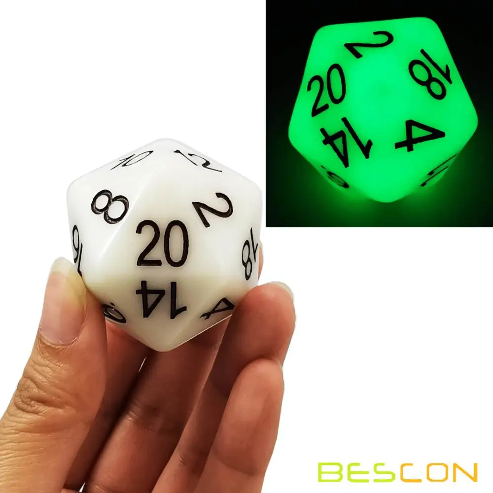 Bescon Jumbo Glowing D20 38MM, Big Size 20 Sides Dice 1.5 inch, Big 20 Faces Cube in Various Solid, Glitter, Glowing Colors