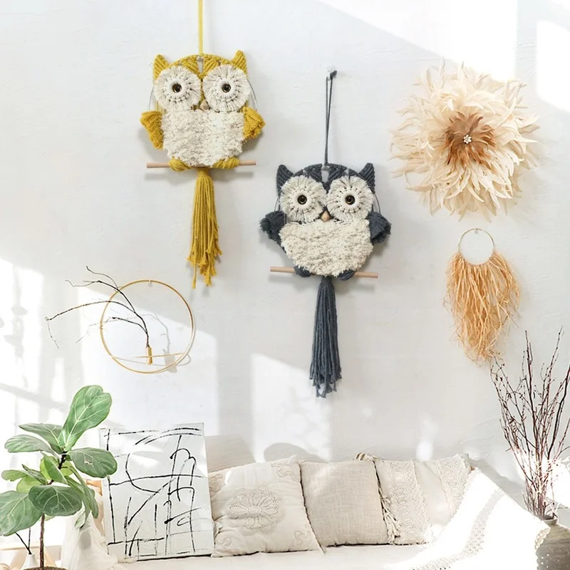 Nordic Creative Hand-woven Owl Macrame Tapestry Modern Minimalist Home Decor Boho Handmade Animal Wall Hanging