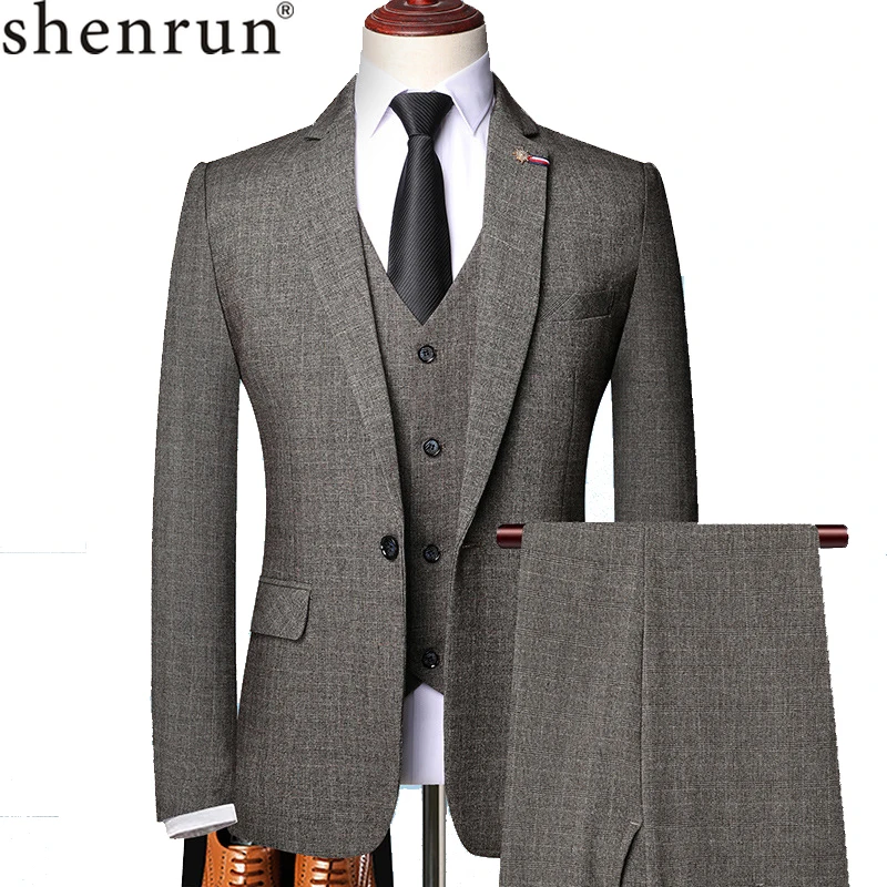 Shenrun Men Suits Spring Autumn Business Formal Casual 3 Pieces Suit Slim Party Prom Fashion Wedding Groom Banquet Gray Brown