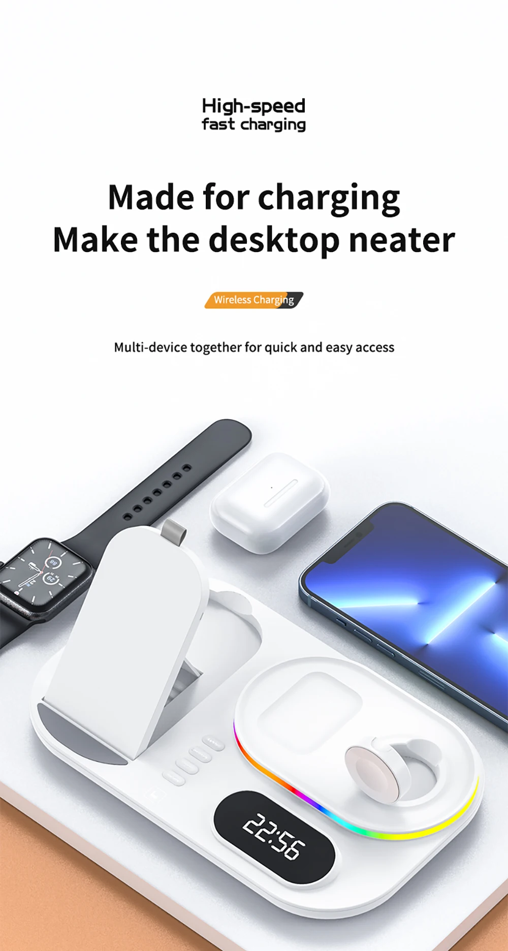 Kabelloses Ladegerät 4-in-1 Schnelle Kabellose Ladestation für iPhone 15 16 17 Pro Max Apple Watch Kabelloses Ladegerät mit Lampe und Uhr – Detail 18