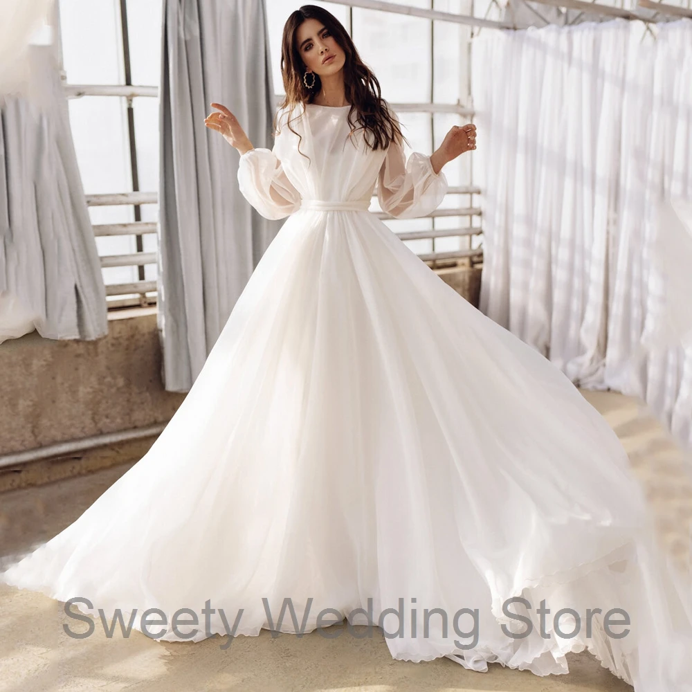 Jiayigong Modest Bridal Gowns Puff Sleeves O Neck Simple Chiffon Bride Dresses Backless A Line Sweep Train Boho Wedding Dress