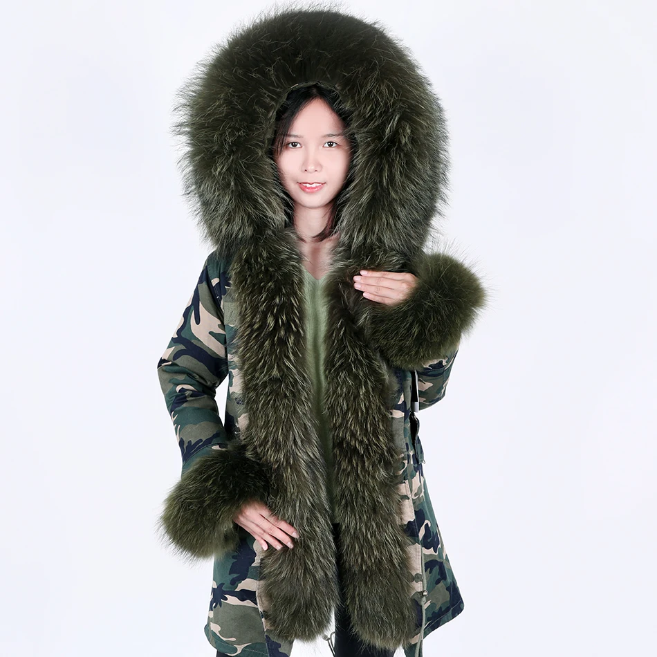 MaoMaoKong natural real raccoon fur coat jacket real raccoon fur leader hooded coat short parka long camouflage winter jacket