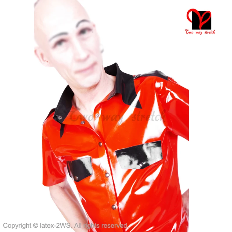 Latex Uniform T T Hemd Taste Drehen Unten Kragen Tasche Klappe Gummi Top Gummi Bluse Catsuit Armee Rot Und schwarz Sy-006