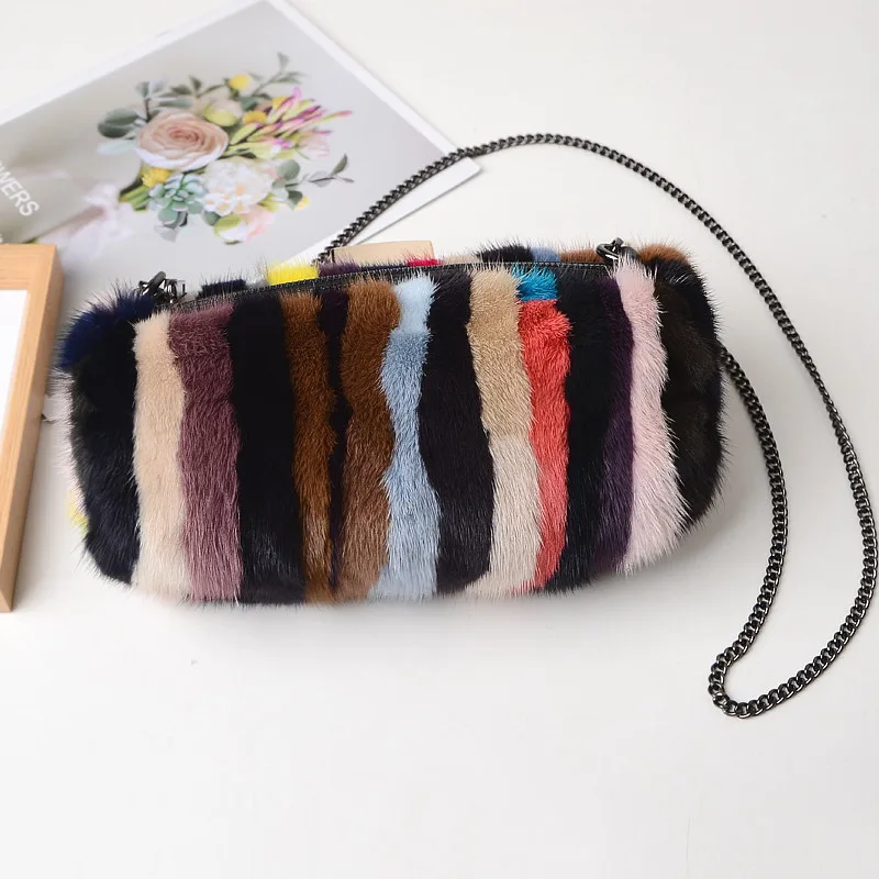 2021 New Mink Fur Thermal Bag Real Hair Fashion One-Shoulder Messenger Fur Bag Autumn And Winter All-Match Plush Striped Bag