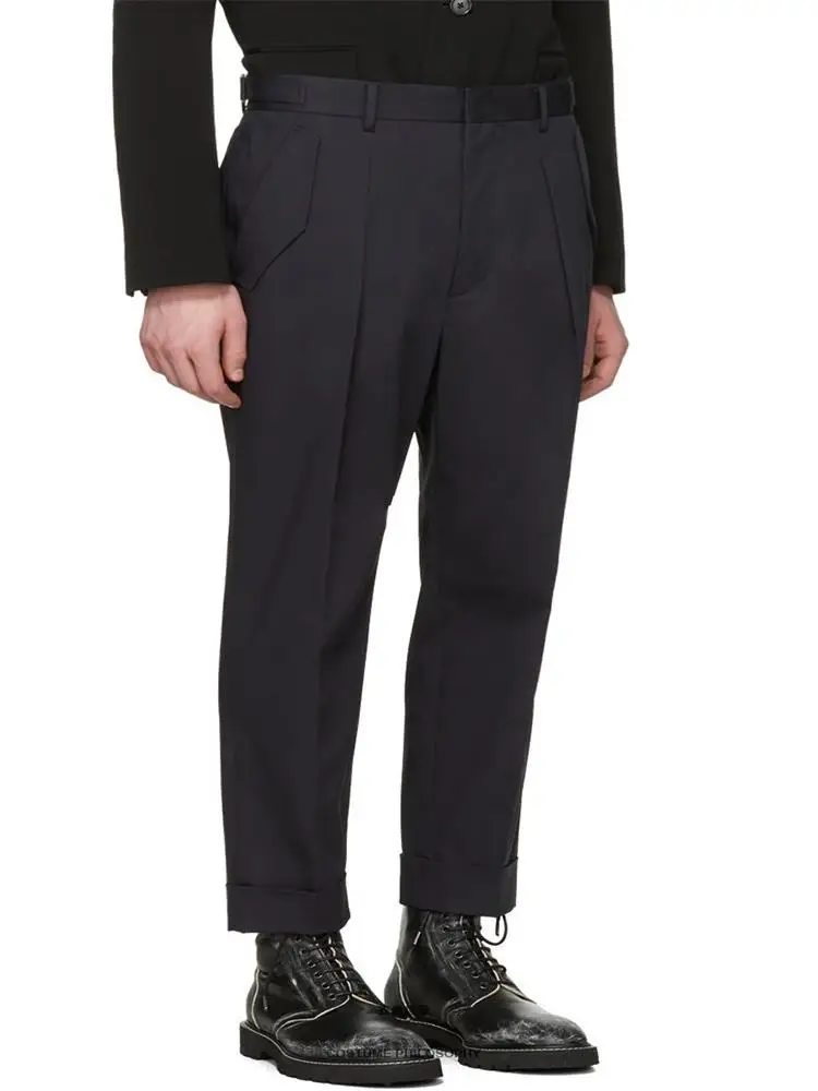 Spring And Summer New Men Slim High Waist Pencil Pants Simple Dark Blue Trousers Hair Stylist Fashion Pendant Trousers