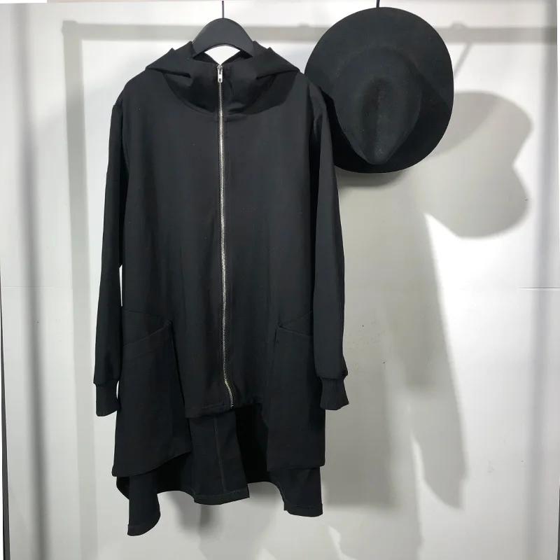 

Men's Hooded Trench Coat Spring And Autumn New Dark Large Pocket Zipper Splicing Front Short After Long Design Fashion Coat